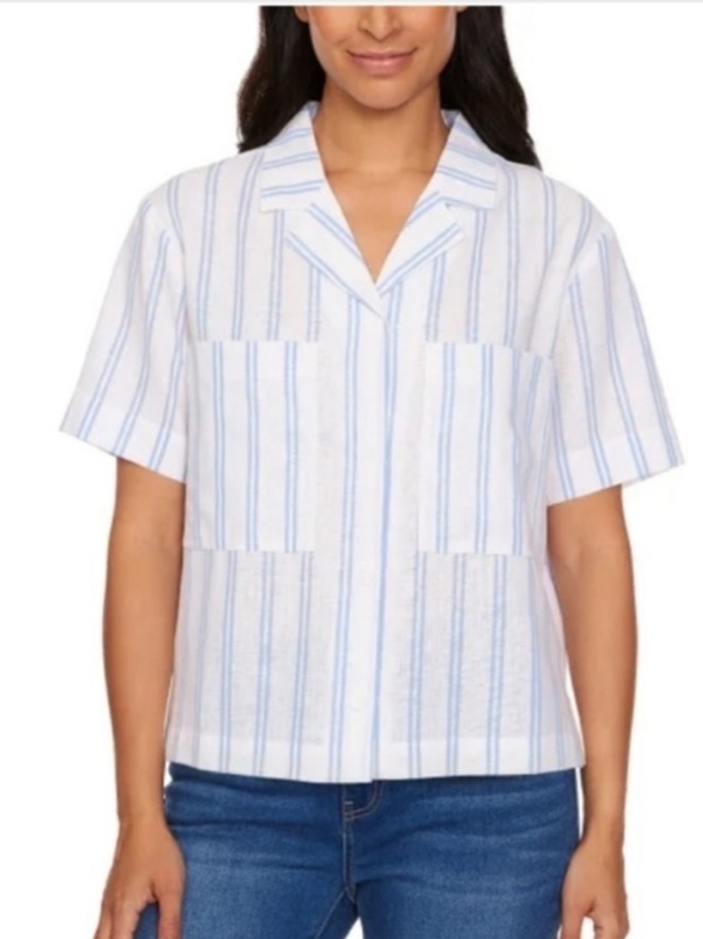 Buffalo by David Bitton White Blue Strip Button-Front Linen Blend Top Size XXL